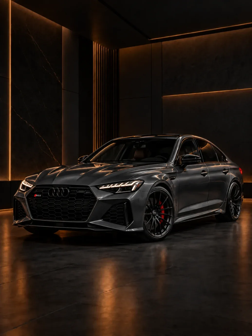 Dark grey Audi RS 5 sedan with black wheels and red brake calipers