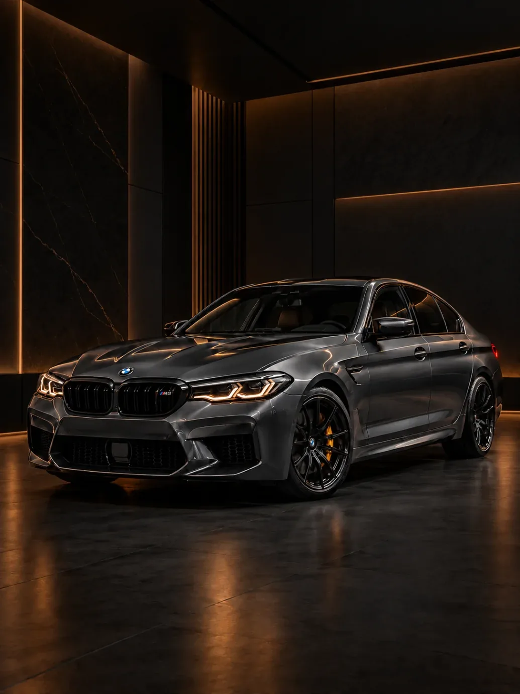 Dark grey BMW M5 sedan with black kidney grille and yellow brake calipers