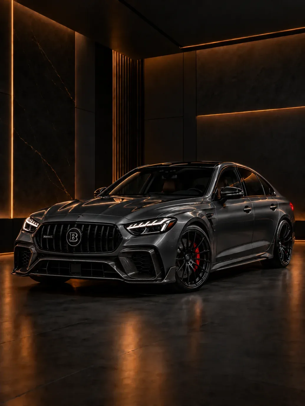 Brabus performance sedan with a large B grille badge and red brake calipers