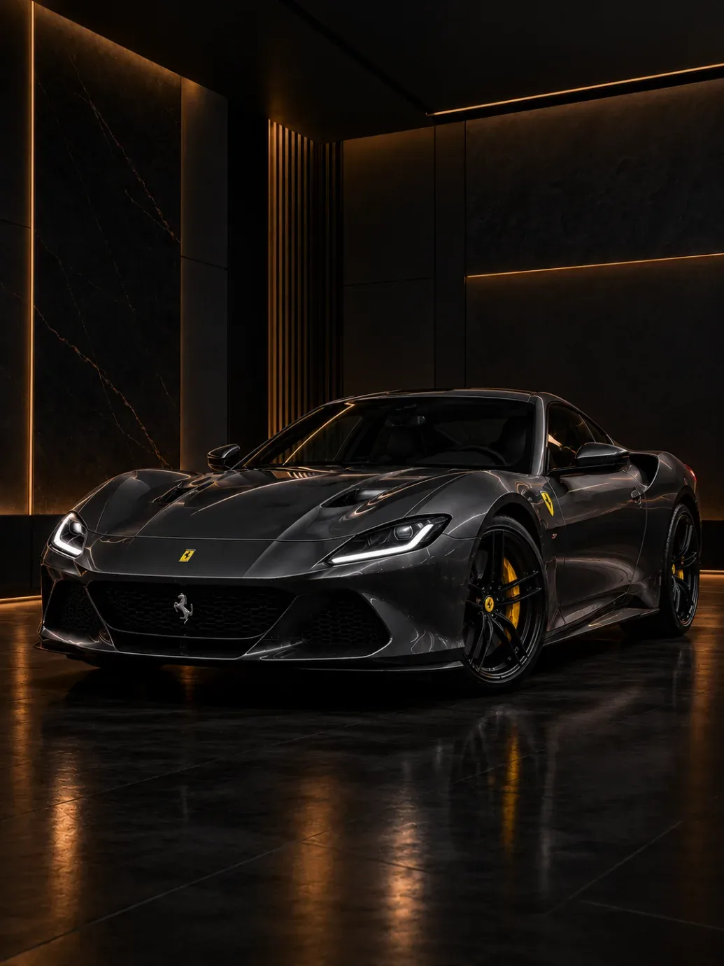 Dark grey Ferrari coupe with yellow brake calipers in a dark studio