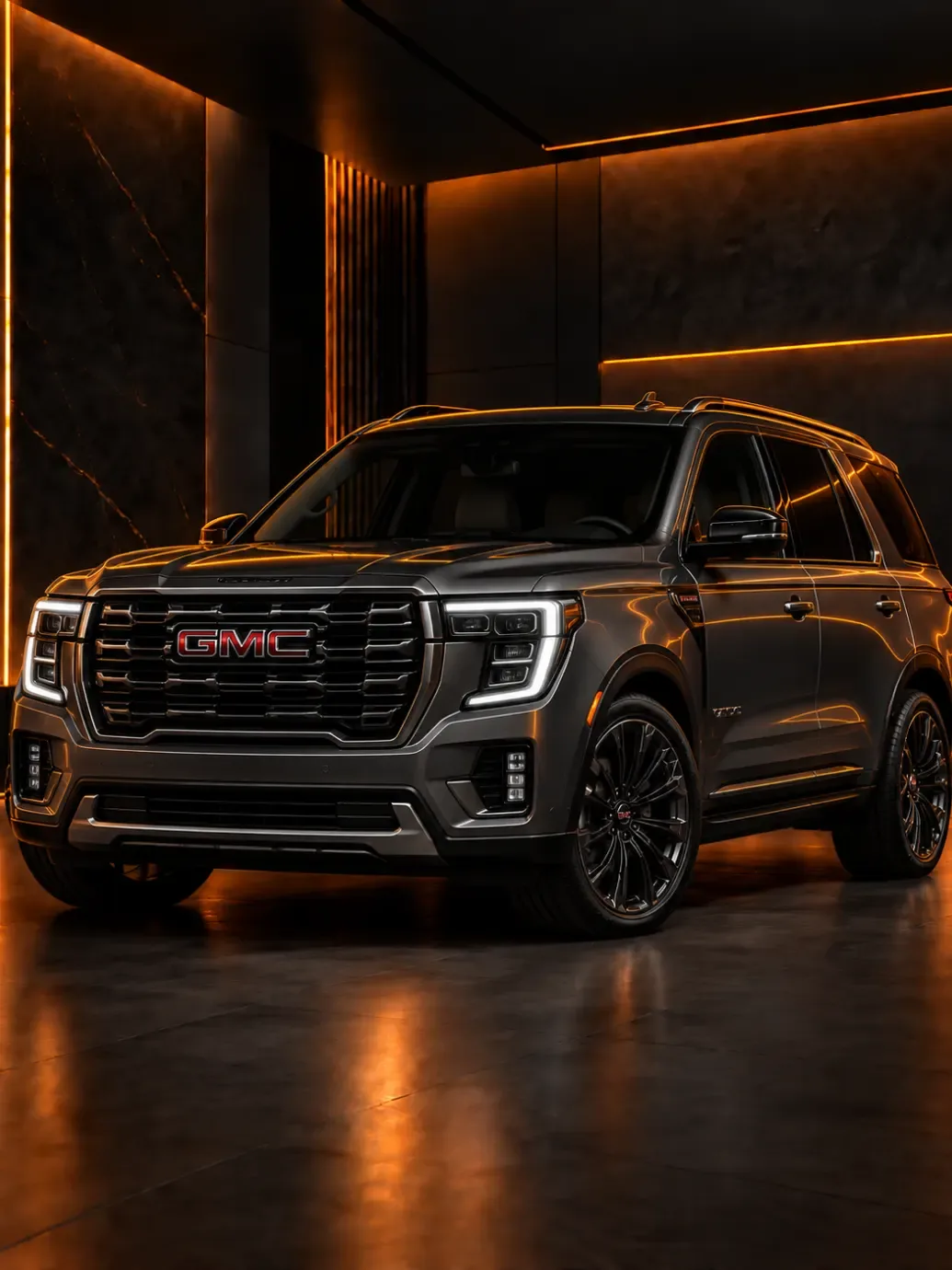 Dark grey GMC full-size SUV with a large grille and red badge