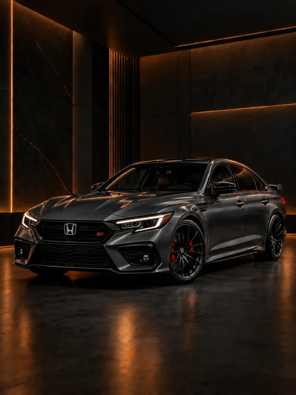 Dark grey Honda Si sports sedan with black wheels and red brake calipers