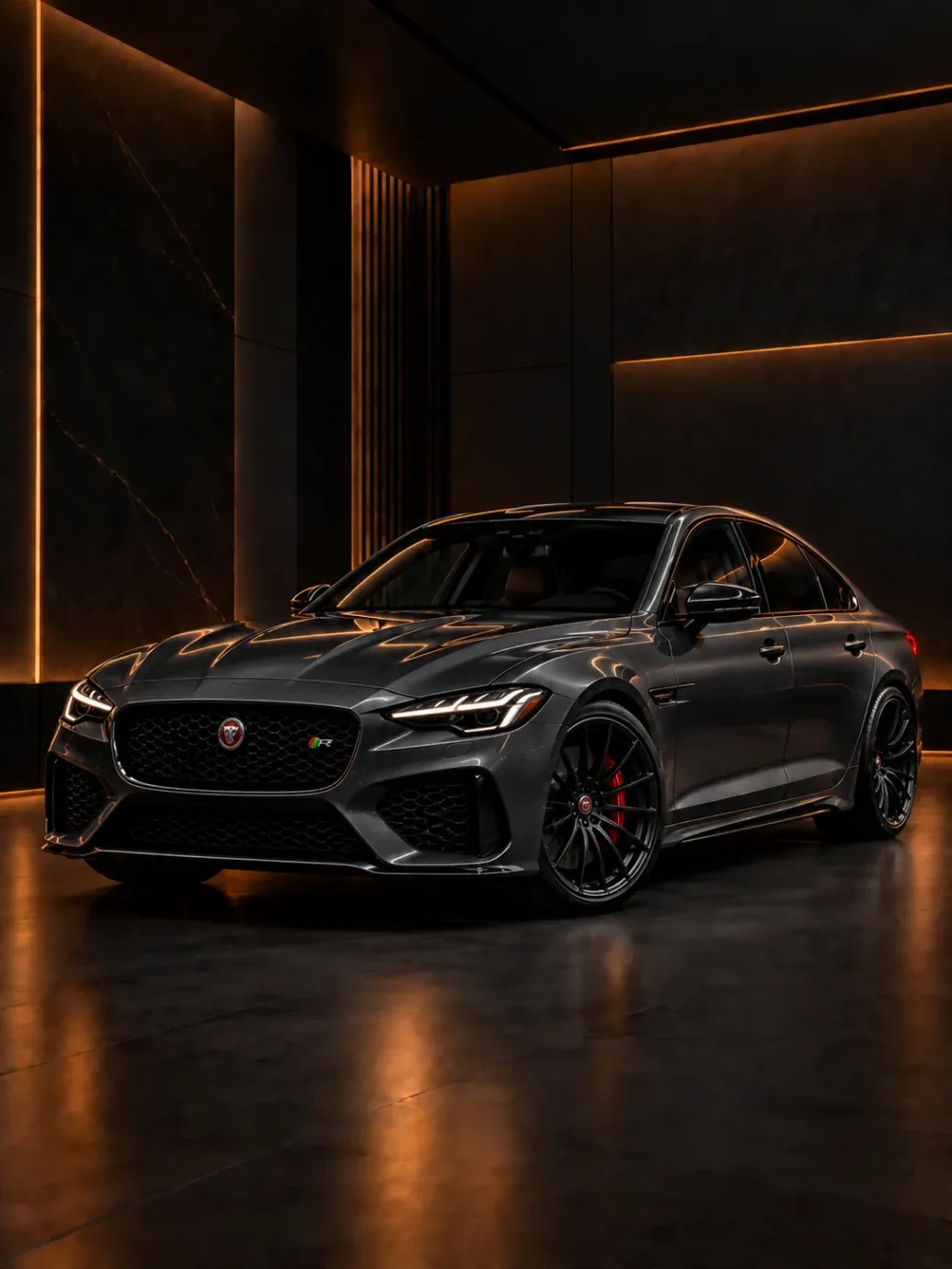 Dark grey Jaguar R sports sedan with black wheels and red brake calipers