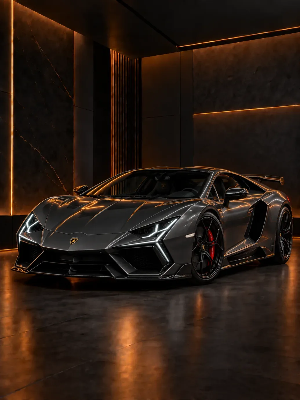 Dark grey Lamborghini supercar with Y-shaped headlights and a rear wing