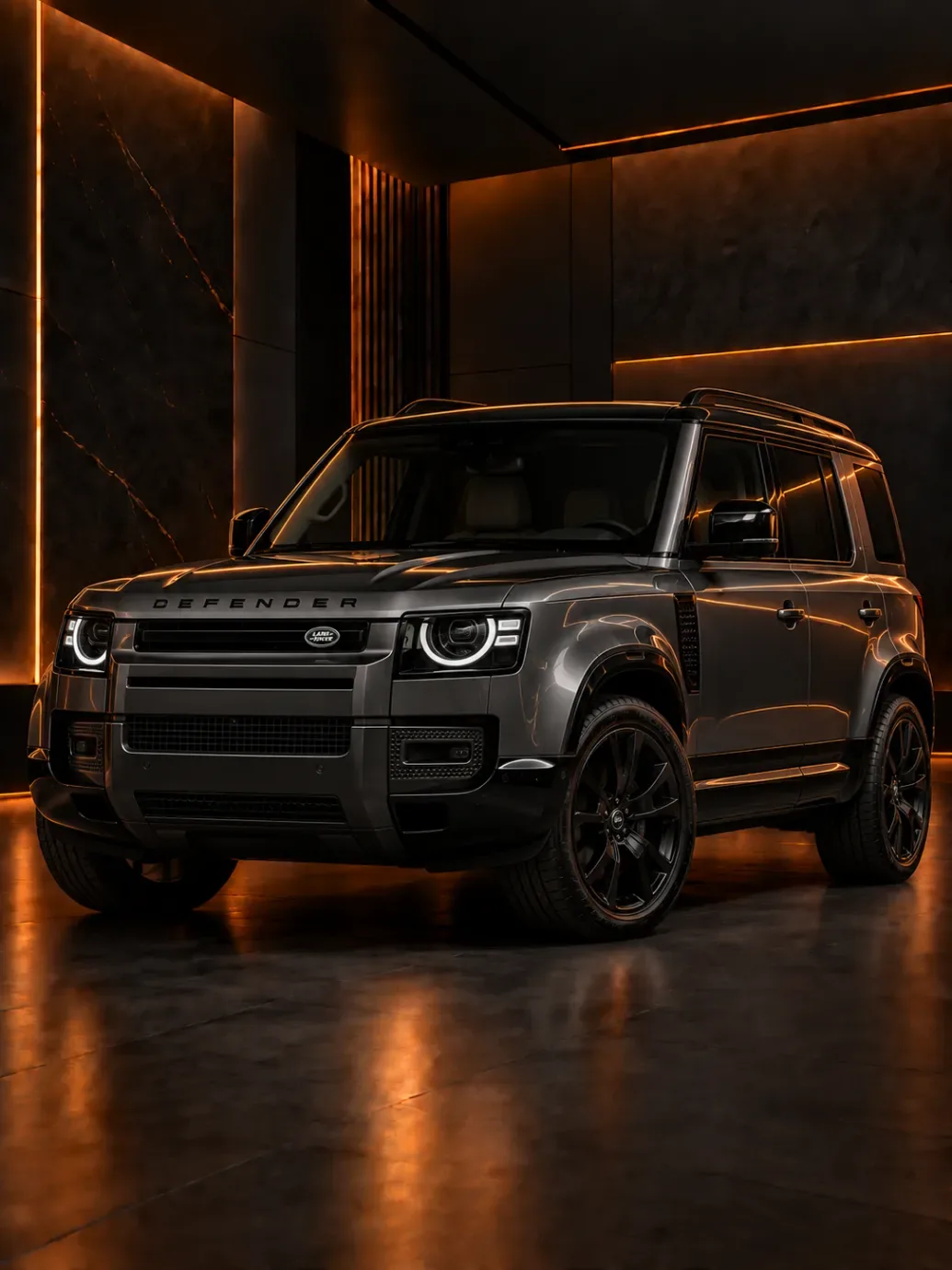 Dark grey Land Rover Defender SUV with round headlights and black wheels