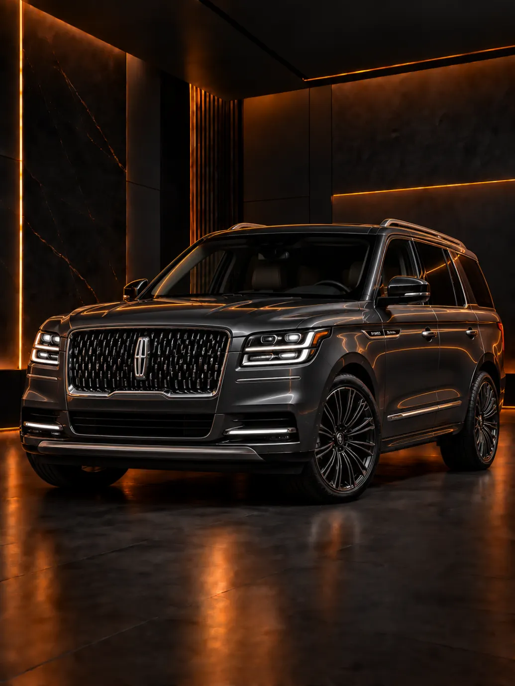 Dark grey Lincoln full-size luxury SUV with a chrome-framed grille