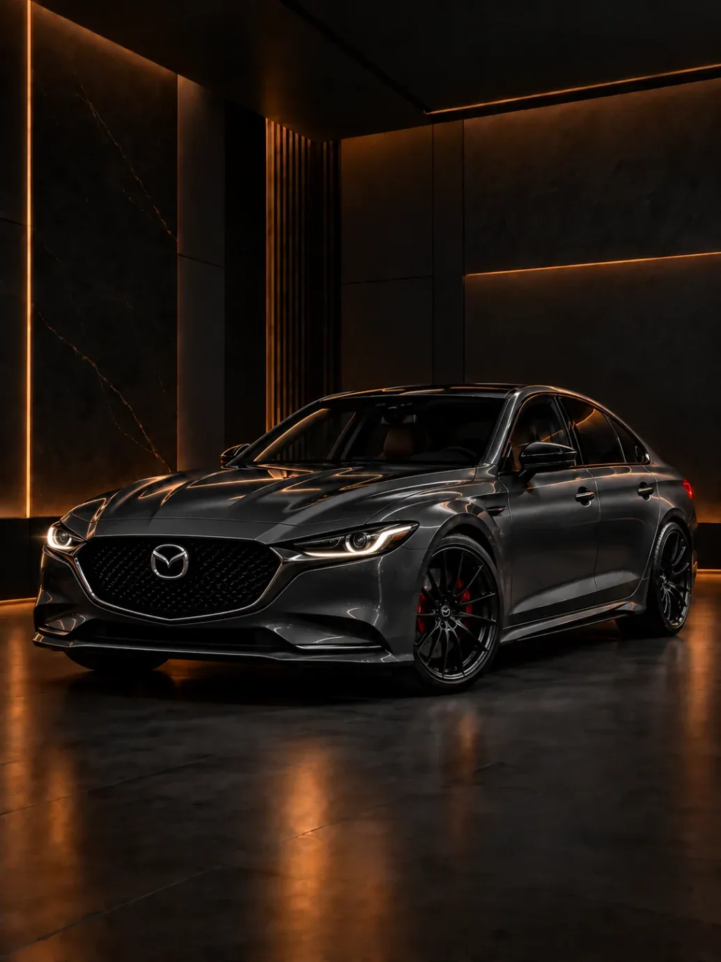 Dark grey Mazda sedan with black wheels and red brake calipers