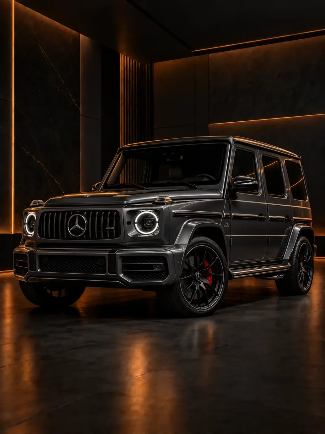Dark grey Mercedes-AMG G-Class SUV with round headlights and red brake calipers