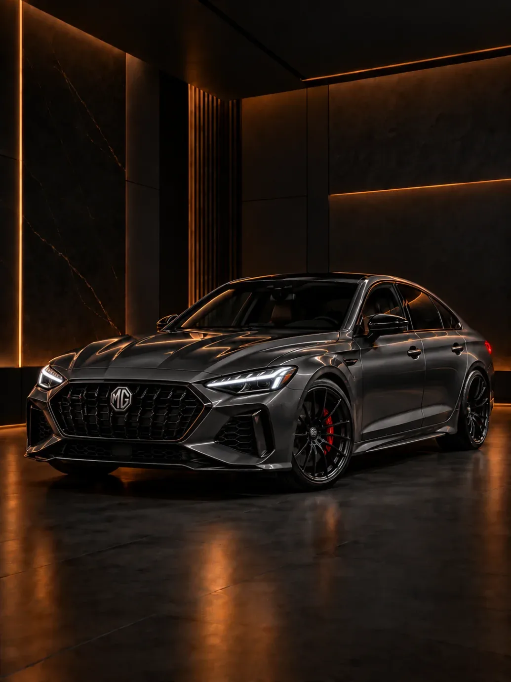 Dark grey MG sports sedan with black wheels and red brake calipers