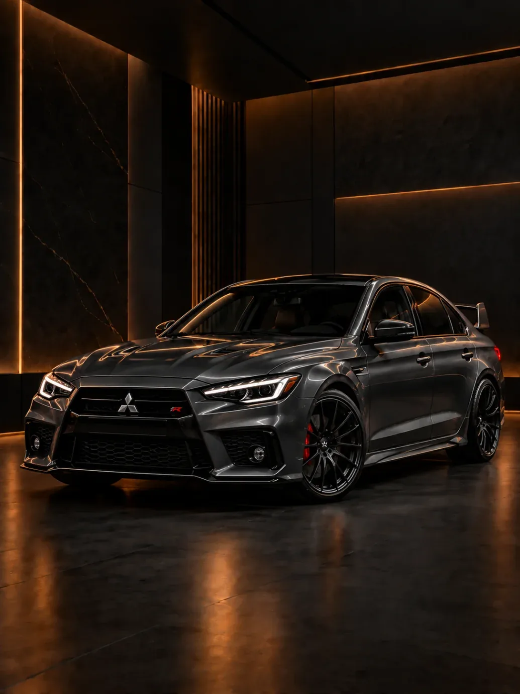 Dark grey Mitsubishi sports sedan with a rear wing and red brake calipers