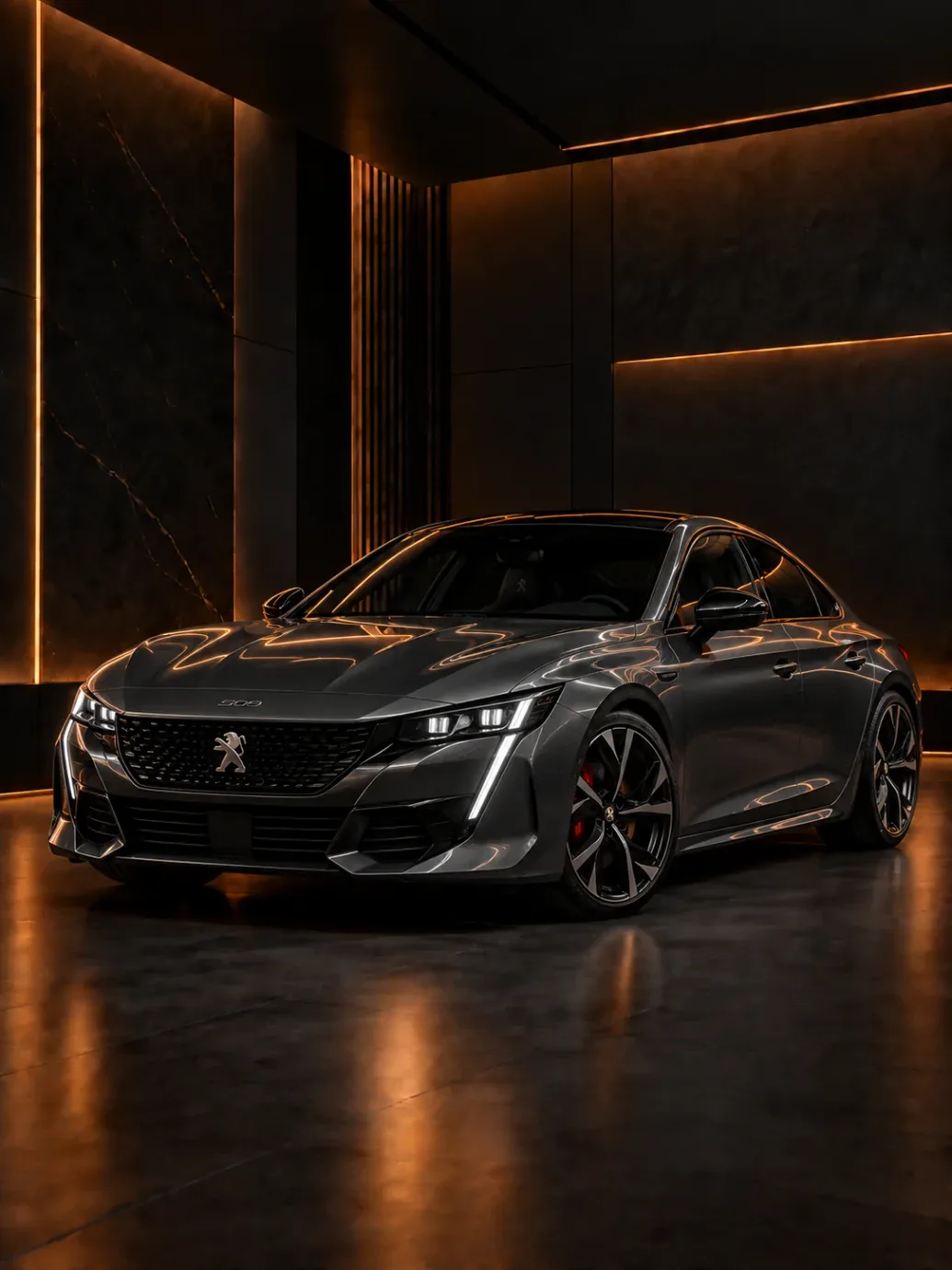 Dark grey Peugeot 508 fastback with fang-style daytime running lights