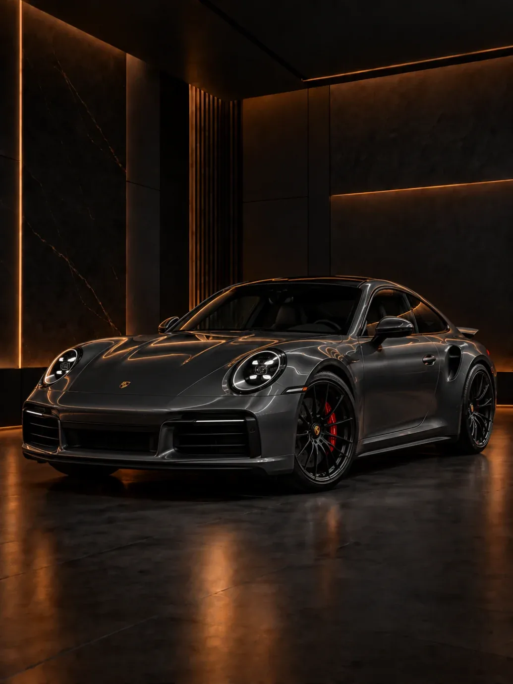 Dark grey Porsche 911 coupe with black wheels and red brake calipers