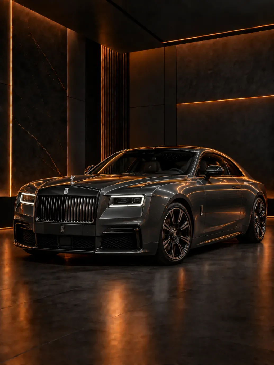 Dark grey Rolls-Royce coupe with Spirit of Ecstasy mascot and tall grille