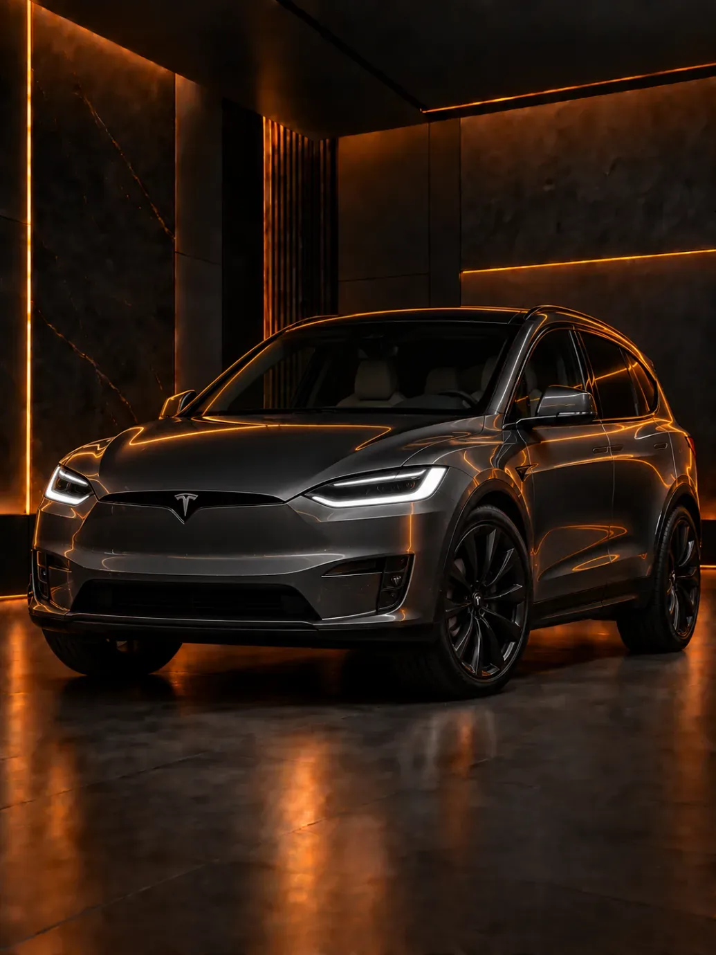 Dark grey Tesla electric SUV with black wheels in a dark studio