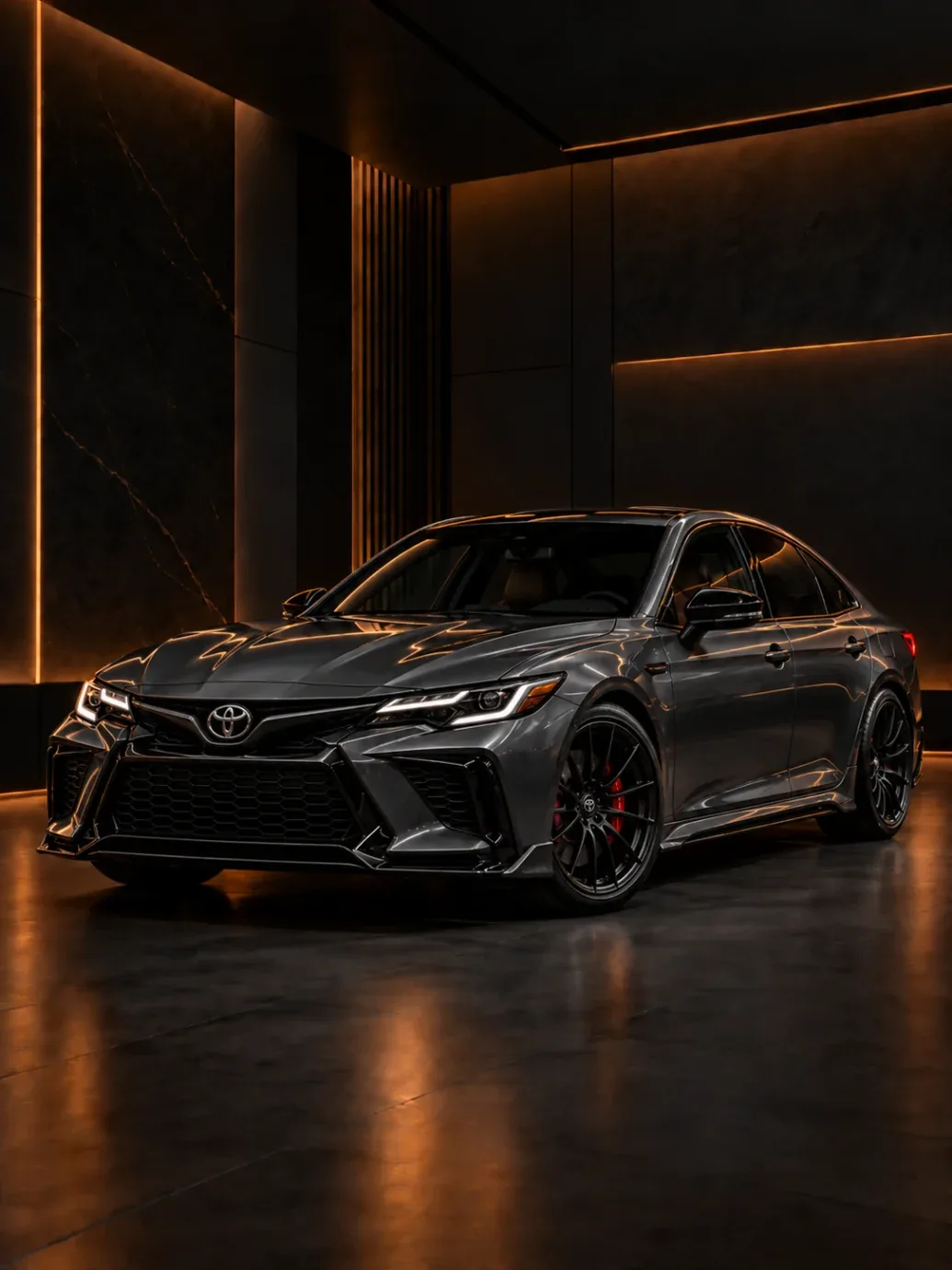 Dark grey Toyota sports sedan with black wheels and red brake calipers