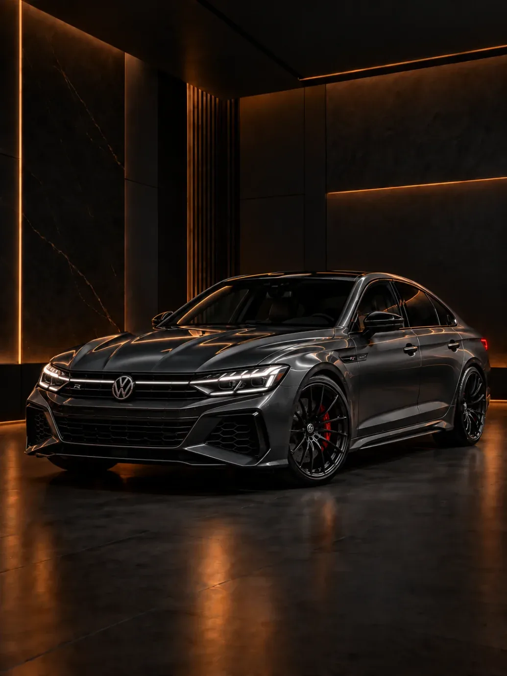 Dark grey Volkswagen R sedan with a full-width light bar and red calipers