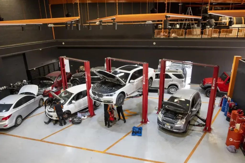 Cars on the ramps inside the Royal Prince Auto Care workshop